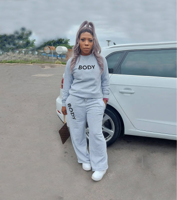 Casual Letter Printed Round Neck Long Sleeves Top With Straight Wide Leg Pants Two Piece Sets TH3574