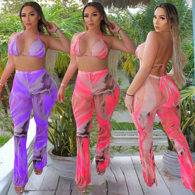 Sexy Womens spring and summer trend printing swimsuit mesh two-piece suit BAN152