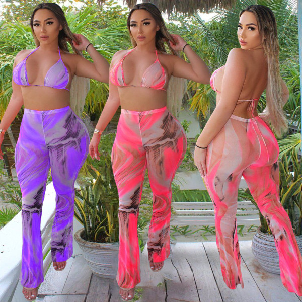 Sexy Womens spring and summer trend printing swimsuit mesh two-piece suit BAN152