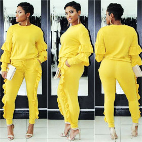 Fashion Solid Color Ruffle Round Neck Long Sleeves Top With Trousers Two Piece Sets S3242-1