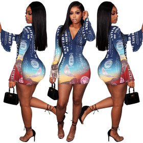 Sexy Pattern Printed V-Neck Long Sleeves Mini Skinny Dress H8172