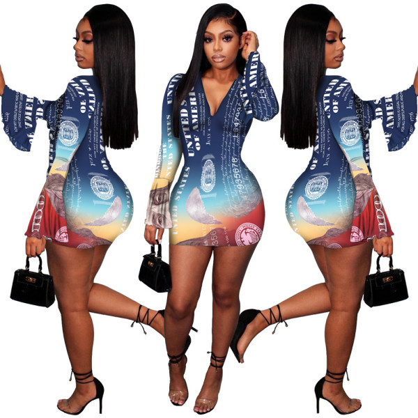 Sexy Pattern Printed V-Neck Long Sleeves Mini Skinny Dress H8172