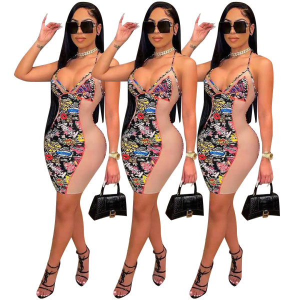 Womens sexy dress, nightclub clothes, mesh stitching dress FA7166