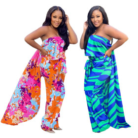 Womens summer colorful print wrap-chest cloak wide-leg jumpsuit RM8924