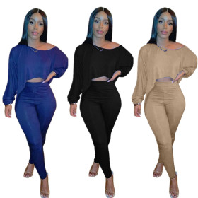 Fashion Round Neck Long Sleeves Irregular Top With Trousers Two Piece Sets HH8955