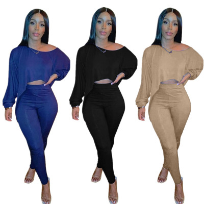 Fashion Round Neck Long Sleeves Irregular Top With Trousers Two Piece Sets HH8955