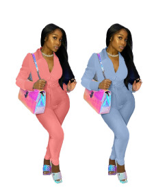 Sexy Solid Color Long Sleeves Shirt With Trousers Bodycon Two Piece Sets TC038