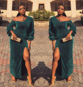 Sexy One Shoulder Ruff Sleeves High Split Long Dress D68227
