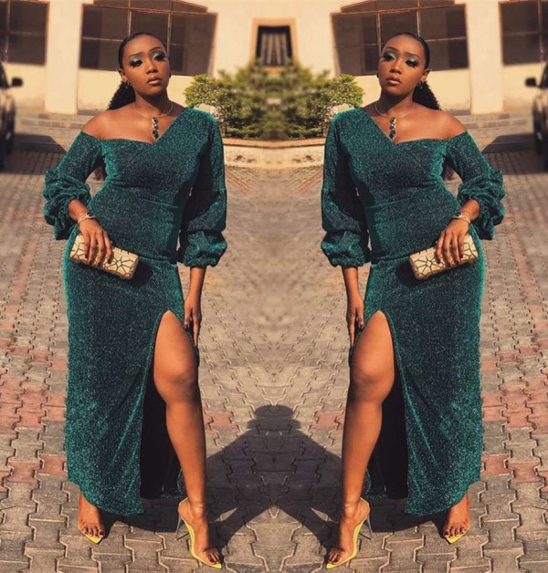 Sexy One Shoulder Ruff Sleeves High Split Long Dress D68227