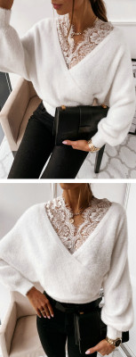 Sexy Solid Color V-Neck Long Sleeves Lace Mini Sweater ZC3900