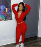 Fashion Zipper V-Neck Long Sleeves Mini Top With Trousers Two Piece Sets MY167