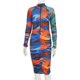 Sexy Tie Dye Printed Zipper V-Neck Long Sleeves Pleated Midi Skinny Dress FRT472