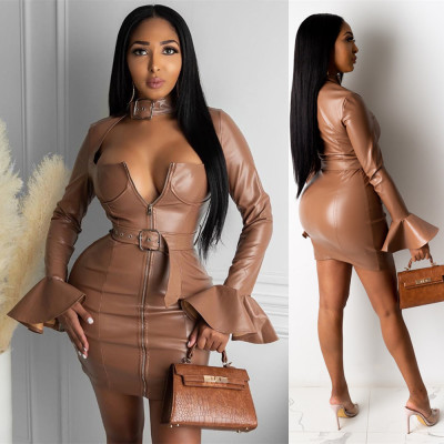 Autumn and winter new slim low-cut sexy fashion leather skirt with belt LS6402