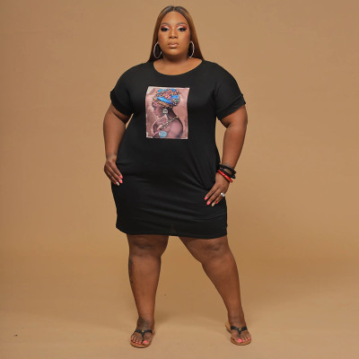 Casual Plus Size Pattern Printed Round Neck Short Sleeves Mini Dress OSS20810