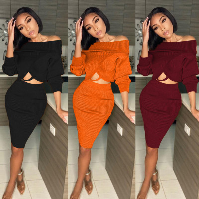 Sexy Knitting Off Shoulder Long Sleeves Cropped Top With Mini Skirt Two Pieces Sets  M2075