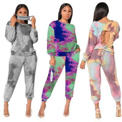 Fashion Tie Dye Printed Round Neck Long Sleeves Hollow Out Top With Trousers Two Pieces Sets MTY6576