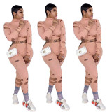 Fashion Solid Color Round Neck Long Sleeves Mini Top With Trousers Hole Two Piece Sets S6256
