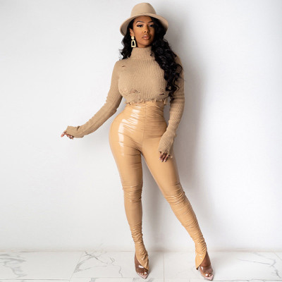 Fashion Leather High Waist Pleated Split Long Pants K20P09504
