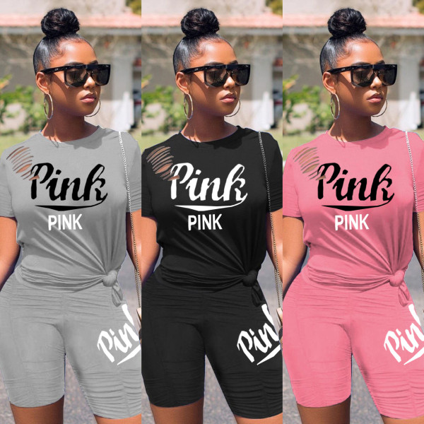 Women's PINK burnt flower folds personalized design sports suit LSN791