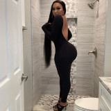 Sexy Solid Color Round Neck Long Sleeves Blackless Skinny Jumpsuit  P003560
