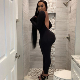 Sexy Solid Color Round Neck Long Sleeves Blackless Skinny Jumpsuit  P003560