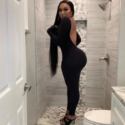 Sexy Solid Color Round Neck Long Sleeves Blackless Skinny Jumpsuit  P003560