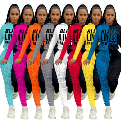 Casual Letter Printed Long Sleeves Hooded Sweater With Drawstring Trousers Two Piece Sets NK184