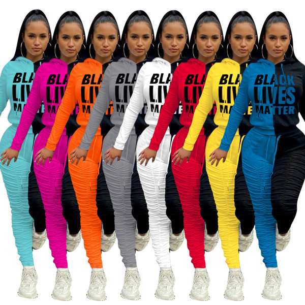 Casual Letter Printed Long Sleeves Hooded Sweater With Drawstring Trousers Two Piece Sets NK184
