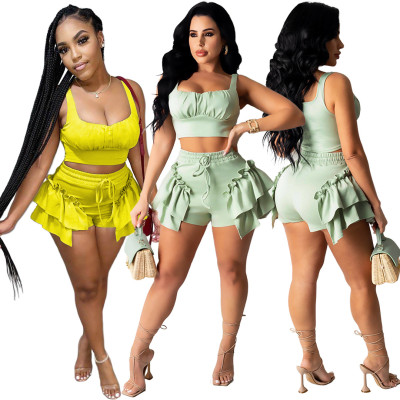Nightclub clothes two-piece suit of solid color vest and shorts with wooden ears GL6353