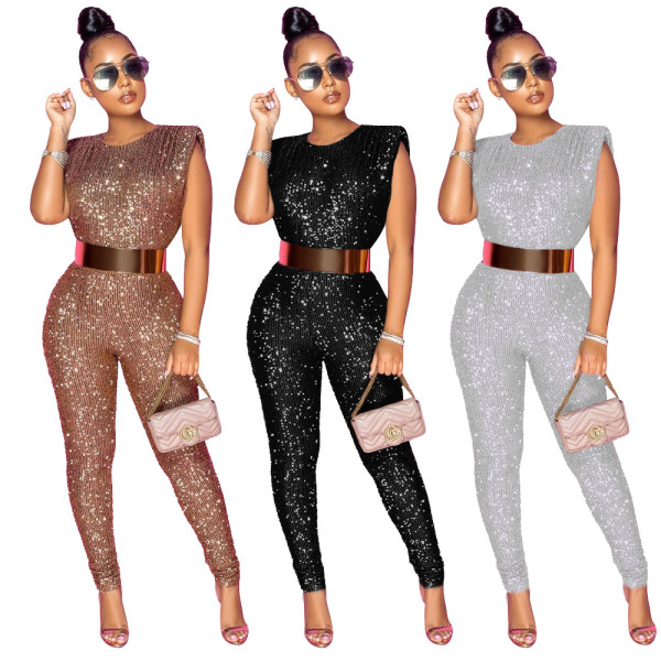 Plus Size Sexy Sequins Round Neck Sleeveless Jumpsuit  YF8863