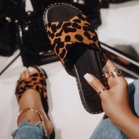 Womens shoes with rhinestone edge cross leopard print laces large size low heel sandals and slippers