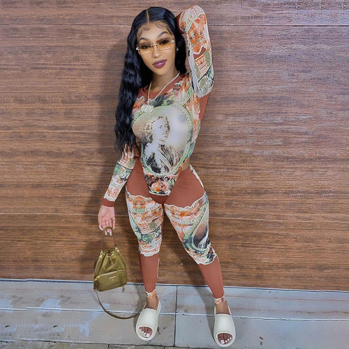 Womens autumn and winter Womens printed one-piece blouse slim trousers two-piece suit FF1051