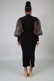 Fashion Solid Color Rould Neck Mesh Ruff Sleeves Midi Skinny Dress YS211-2