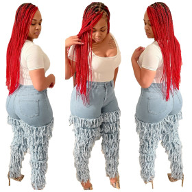 Ladies Stacked Multilayer Tassel Washed Jeans LA3255