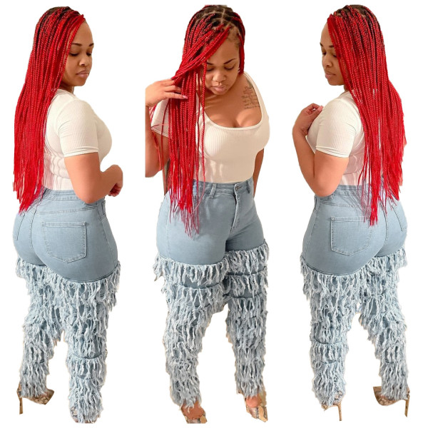 Ladies Stacked Multilayer Tassel Washed Jeans LA3255
