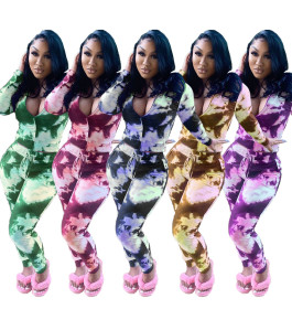 Sexy Tie Dye Printed Zipper V-Neck Long Sleeves Mini Top With Drawstring Trousers Two Piece Sets LY6
