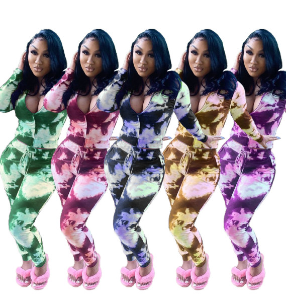 Sexy Tie Dye Printed Zipper V-Neck Long Sleeves Mini Top With Drawstring Trousers Two Piece Sets LY6