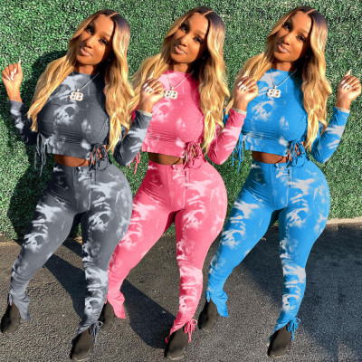 Fashion Tie Dye Printed Round Neck Long Sleeves Drawstring Mini Top With Split Trousers Two Piece Se