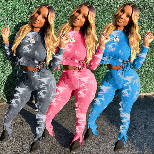 Fashion Tie Dye Printed Round Neck Long Sleeves Drawstring Mini Top With Split Trousers Two Piece Se