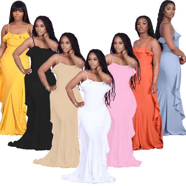 Fashion Womens solid color sling ruffle dress long skirt TK6169