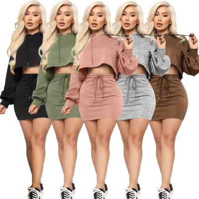Fashion Solid Color Long Sleeves Hooded Mini Sweater With Drawstring Mini Skirt Two Piece Sets GL622