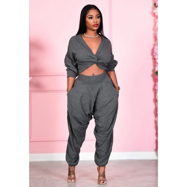 Fashion V-Neck Long Sleeves Cropped Top With Wide Leg Pants Two Pieces Sets T282