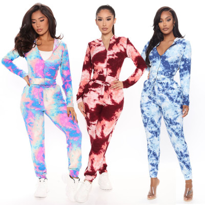 Fashion Tie Dye Printed Zipper Long Sleeves Hooded Cardigan With Drawstring Tropusers Two Piece Sets