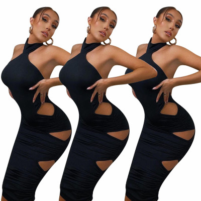 Womens hanging neck style super sexy hollow pleated dress Q778
