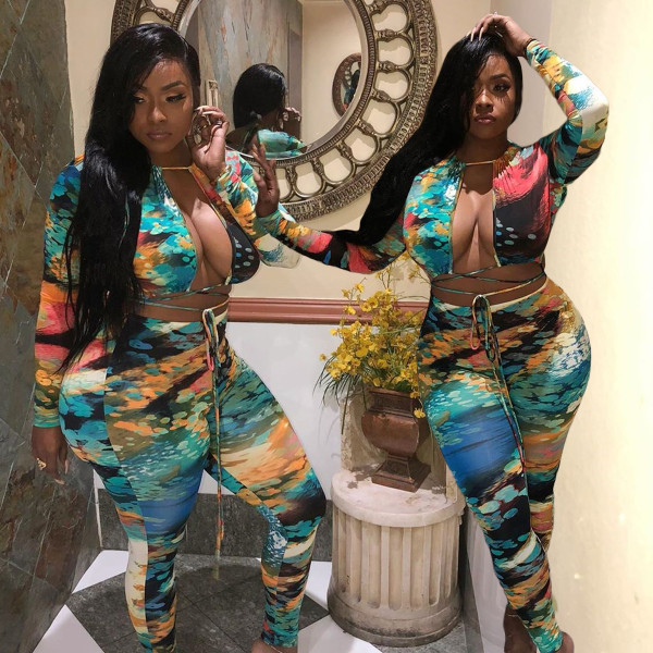 Sexy Tie Dye Printed Long Sleeves Mini Lace-Up Cardigan With Trousers Two Piece Sets BN133