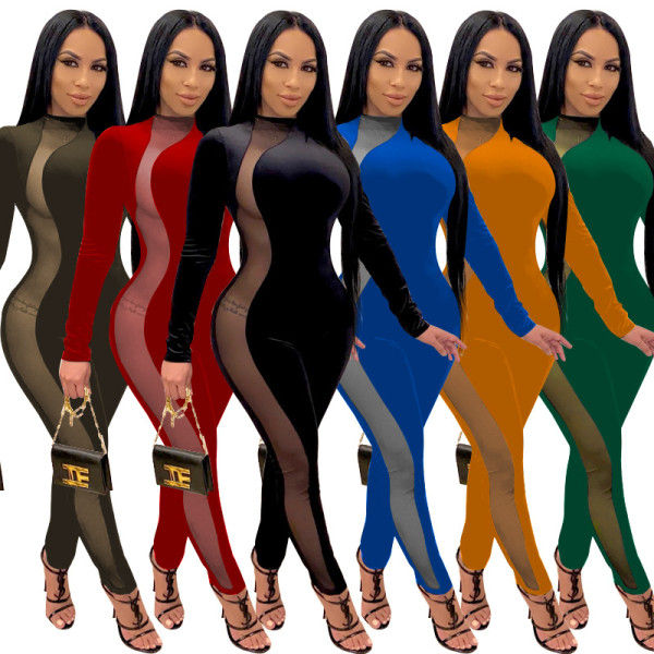 Sexy Mesh Stitching Round Neck Long Sleeves Plus Size Jumpsuit ME2953