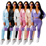 Casual Solid Color Zipper Long Sleeves Hooded Mini Cardigan With Trousers Two Piece Sets MF5189