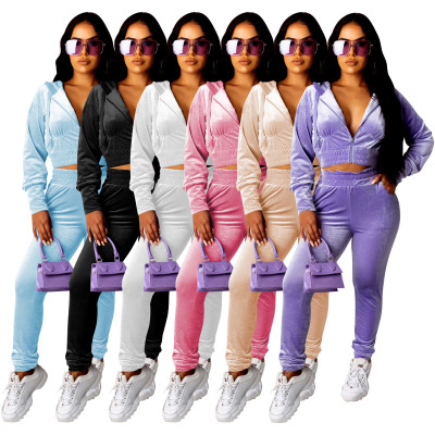 Casual Solid Color Zipper Long Sleeves Hooded Mini Cardigan With Trousers Two Piece Sets MF5189