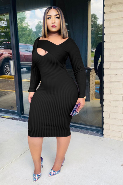 Sexy Solid Color V-Neck Long Sleeves Skinny Midi Dress KA7141