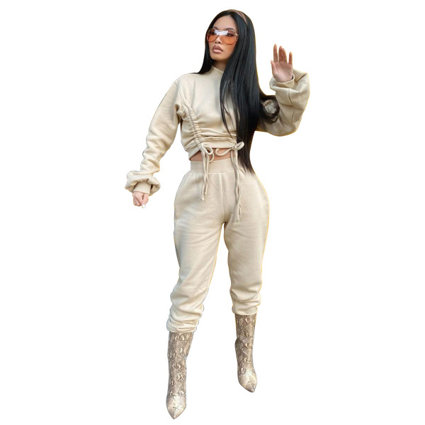 Autumn Solid Color High Collar Long Sleeves Drawstring Mini Top With Trousers Two Piece Sets WYM2028